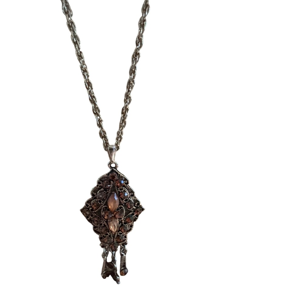 Vintage Gold Tone Rhinestone Filigree Pendant Long Rope Chain Necklace